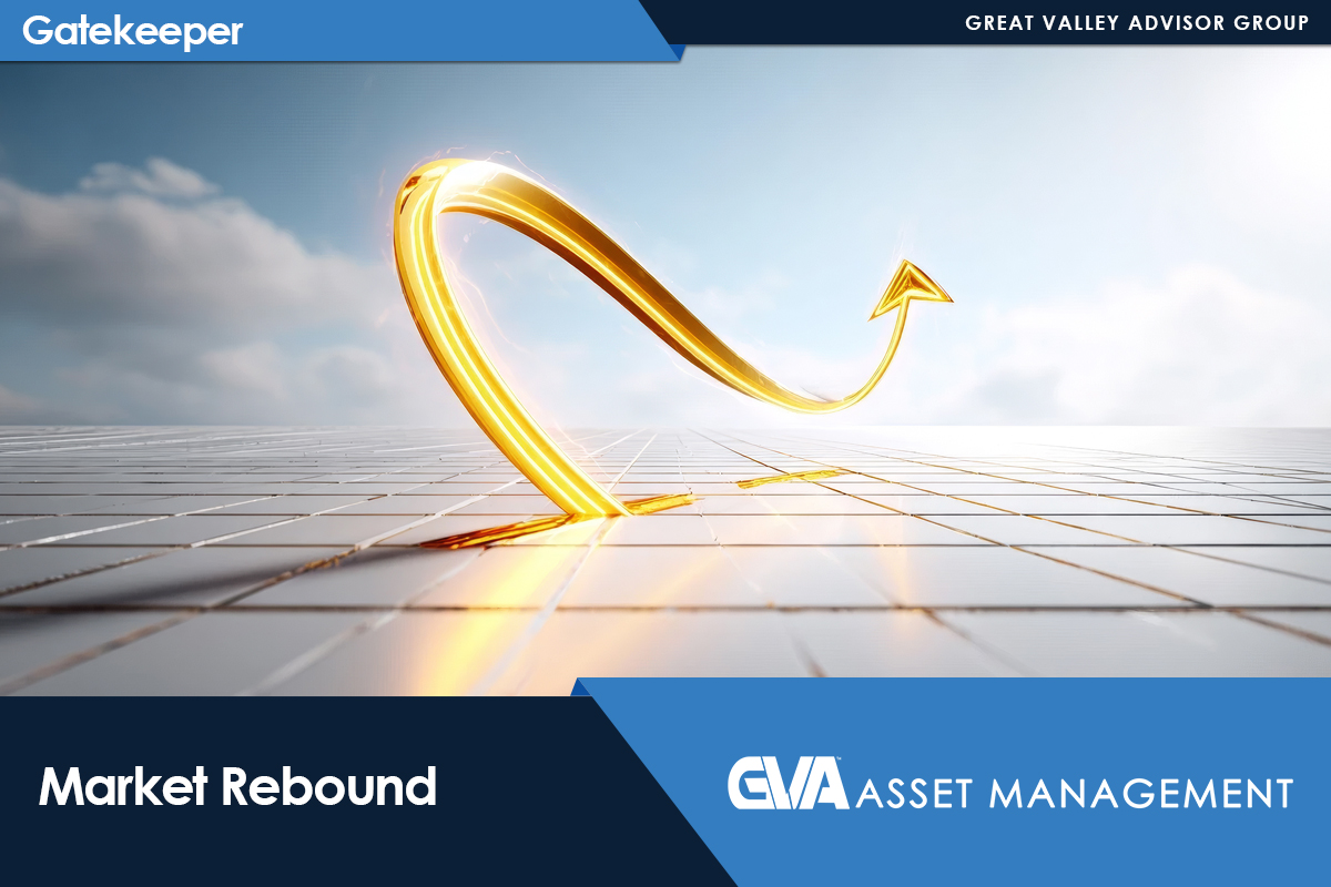 Golden curved arrow rises from a tiled ground toward the blue sky, with 'Market Rebound' branding and GVA Asset Management logo at the bottom.