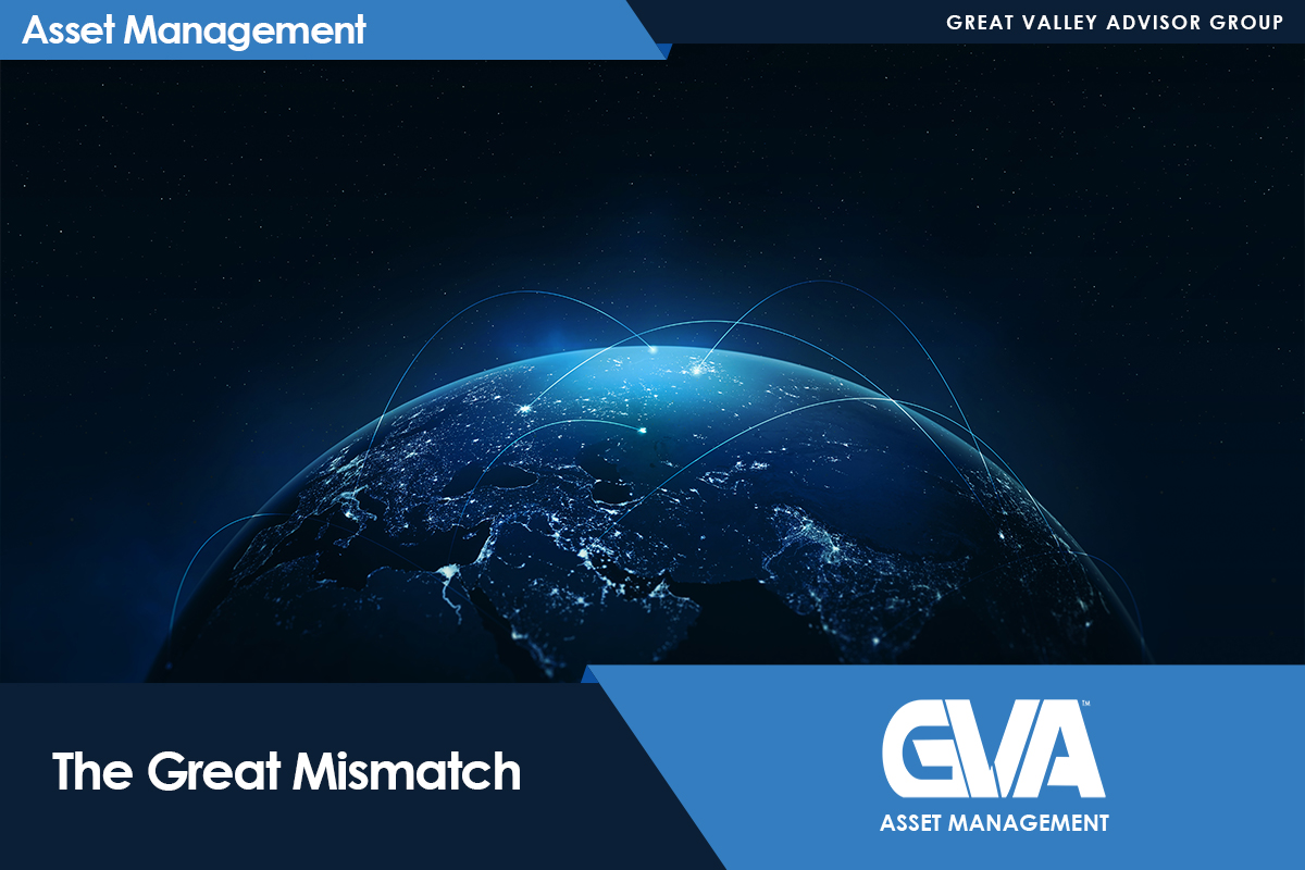 Hero banner for The Great Mismatch by Great Valley Advisor Group; dark Earth globe with glowing network arcs and blue branding.