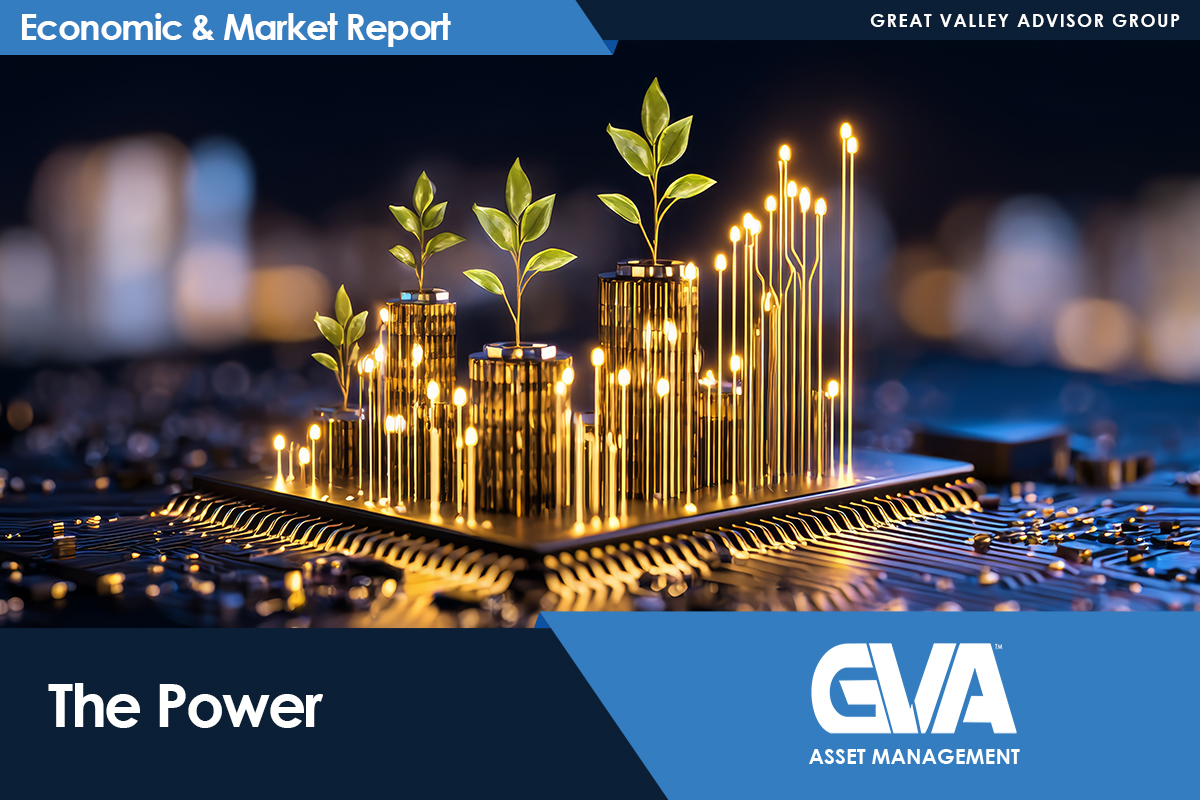 Circuit-board scene with glowing tower-like pins and small green plants, used as the Economic & Market Report cover for GVA Asset Management.