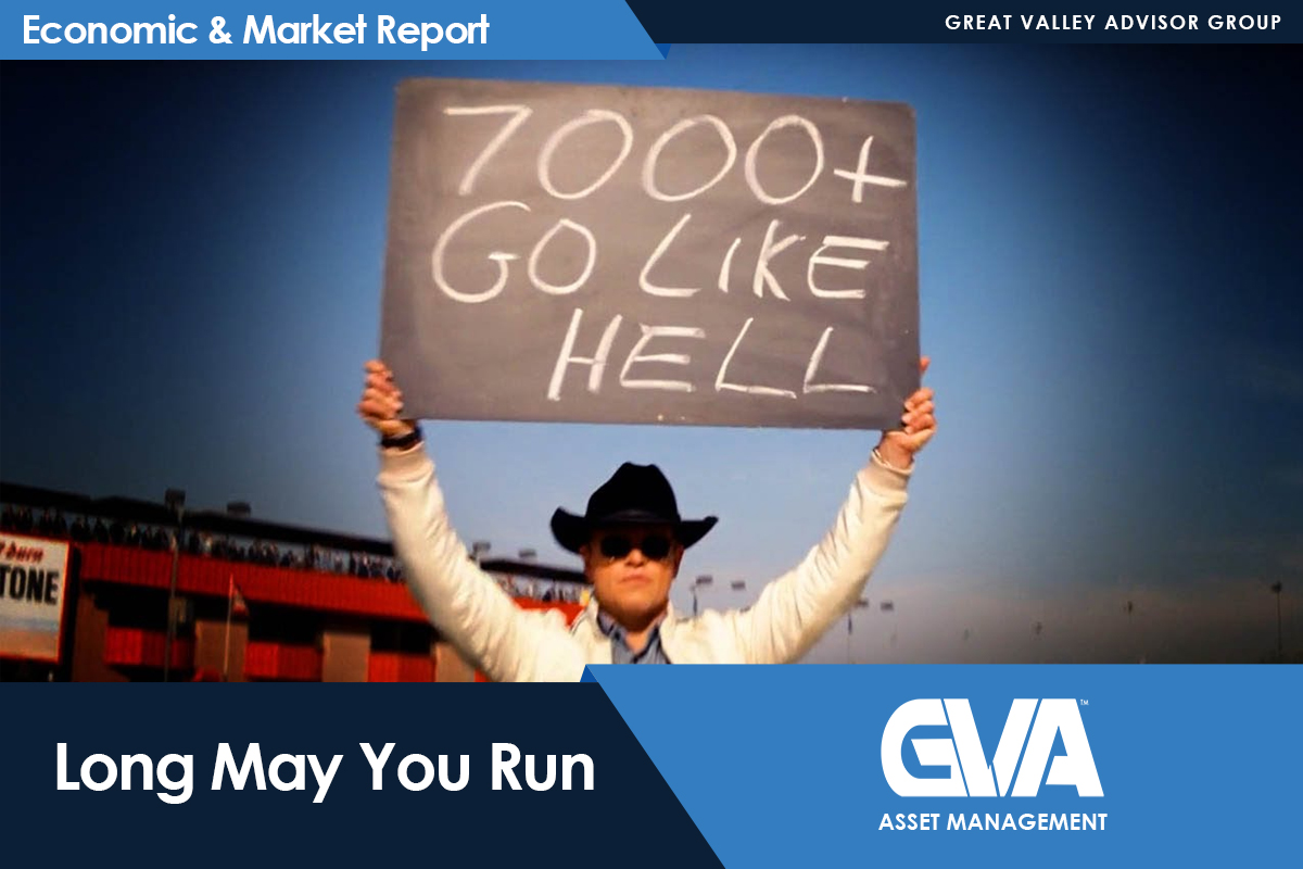 Person in a hat and sunglasses holds up a sign reading '7000+ GO LIKE HELL' at a stadium, with 'Economic & Market Report' and GVA Asset Management branding visible.