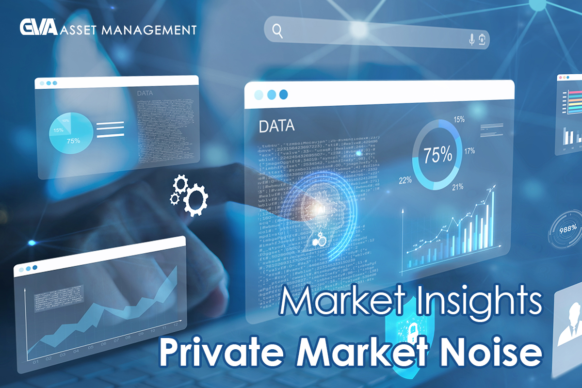 Blue-toned data dashboards with charts and graphs illustrating market insights and private market noise; holographic panels float over a digital backdrop, logo in corner.