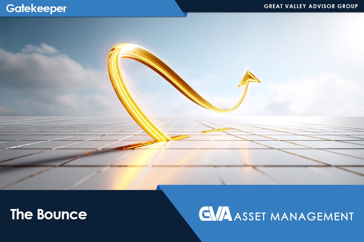 Glowing golden arrow curves upward across a tiled platform, symbolizing 'The Bounce' for CVA Asset Management.