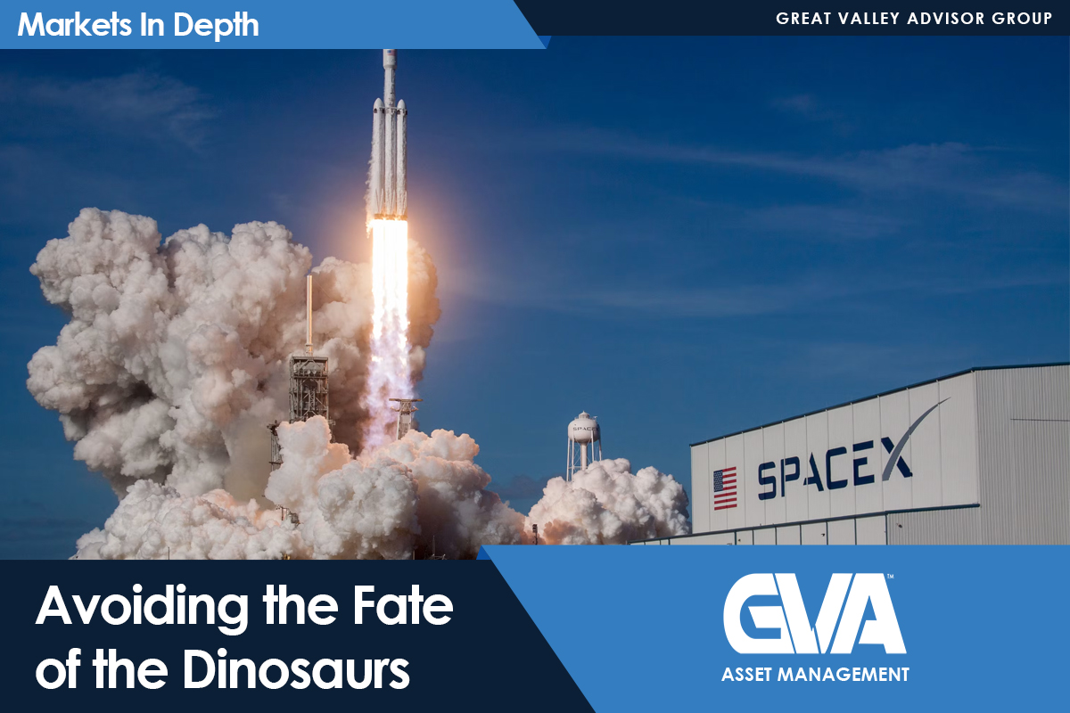 SpaceX rocket launches with a bright plume and smoky blast; blue banner reads 'Markets In Depth' with the title 'Avoiding the Fate of the Dinosaurs' across the bottom.