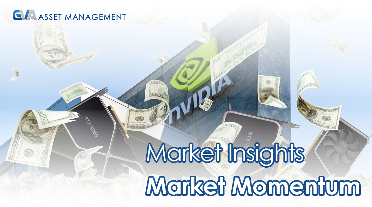 Banner showing cash and graphics cards in front of a building with NVIDIA logo, captioned 'Market Insights • Market Momentum'.