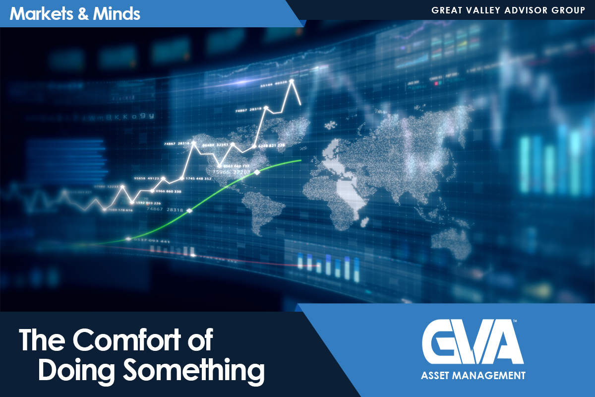 Banner with stock market charts and a world map, featuring the headline 'The Comfort of Doing Something' and the GVA Asset Management logo.