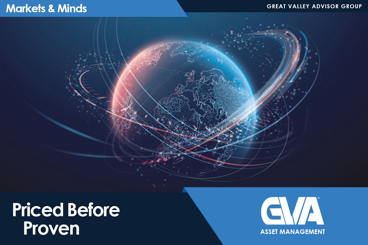 Glowing blue globe with orbit trails and the slogan 'Priced Before Proven' on a dark banner for GVA Asset Management.