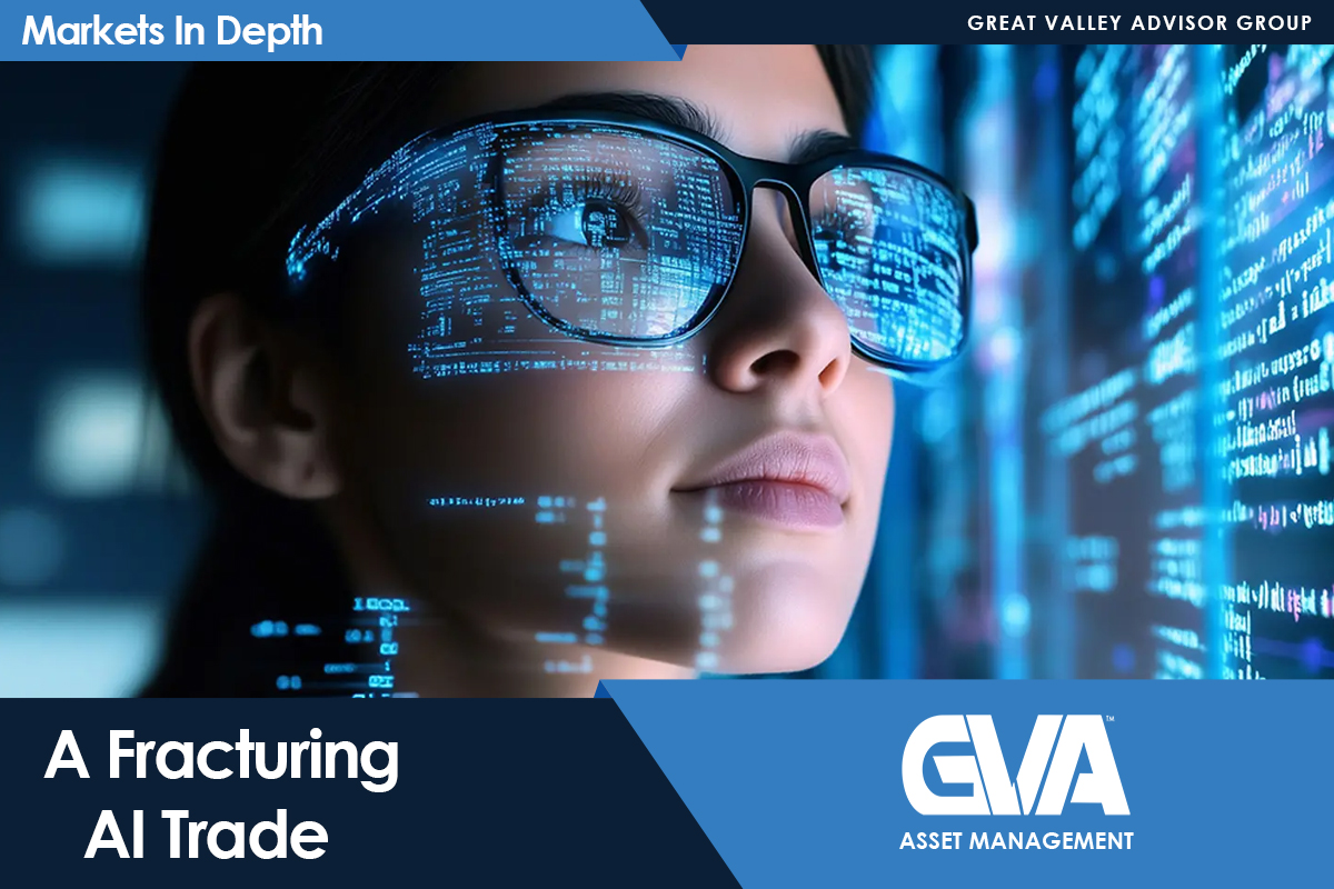 Close-up of a person wearing glasses with blue digital data projected on the lenses, symbolizing AI-driven trading.