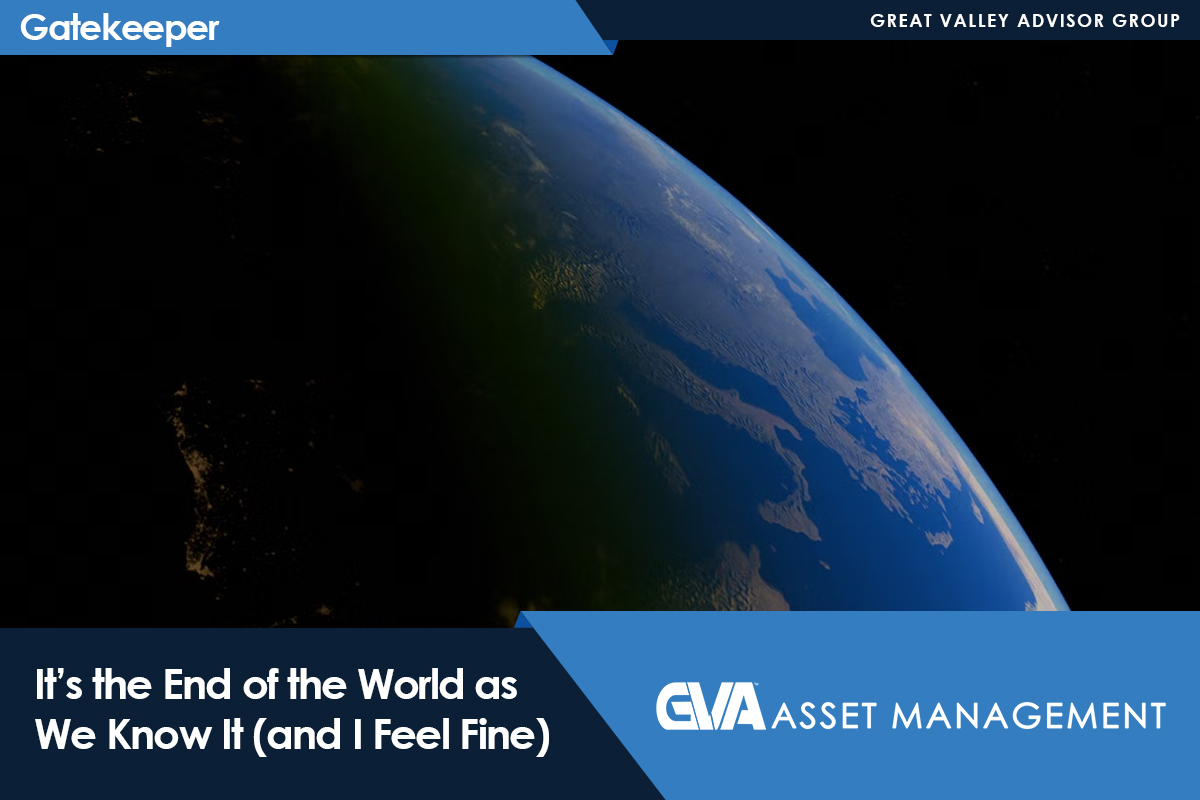 Hero banner showing Earth from space with dark space on left and branding at top and bottom, featuring the headline: 'It's the End of the World as We Know It (and I Feel Fine)'.