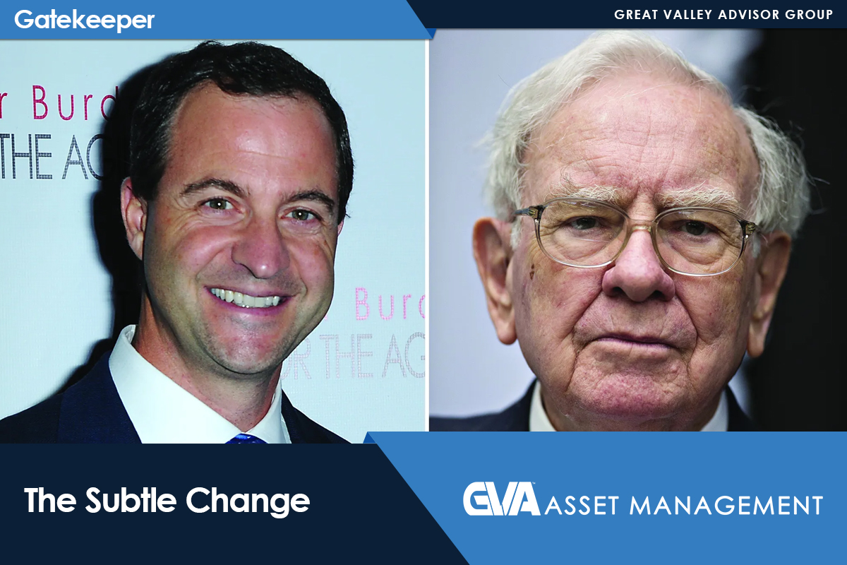Two men shown in a split image: a smiling younger man in a suit on the left and an older man with glasses on the right, illustrating 'The Subtle Change' for GVA Asset Management.