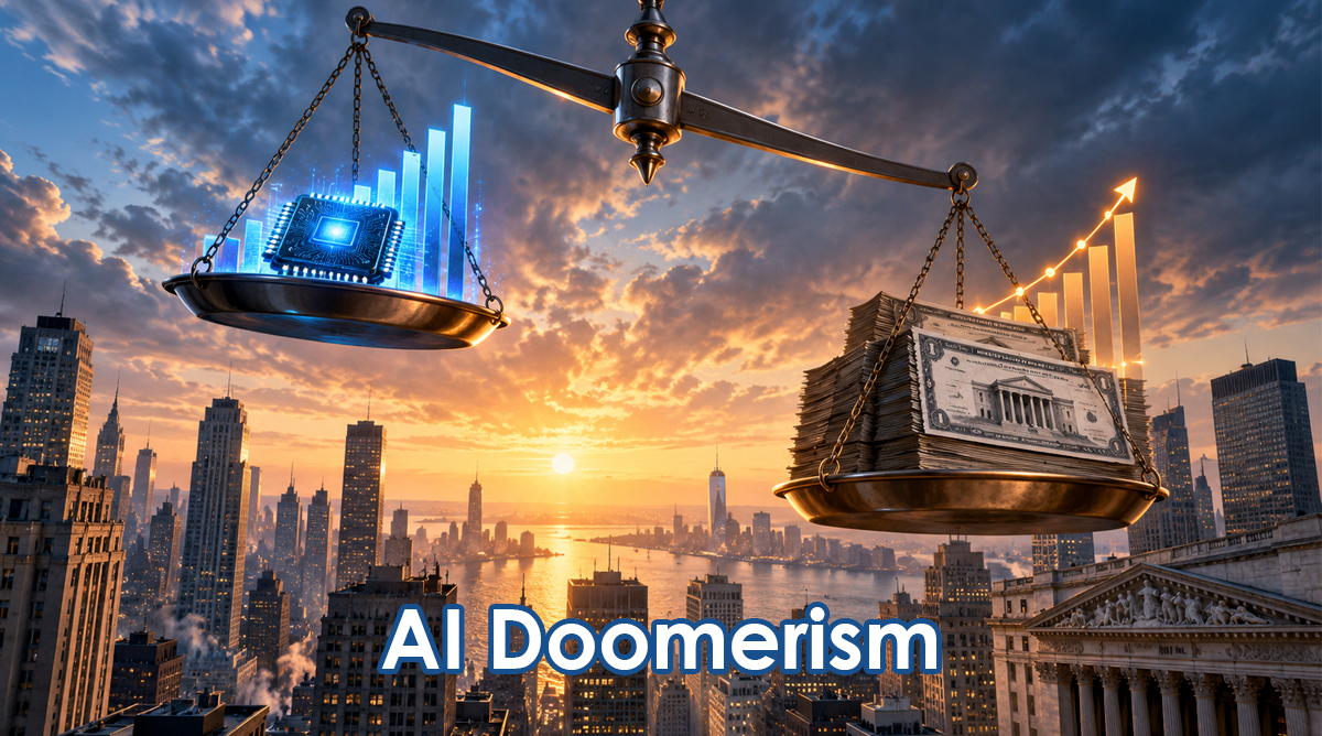 Scales balance a glowing AI chip and a stack of cash over a city skyline at sunset, captioned 'AI Doomerism'.