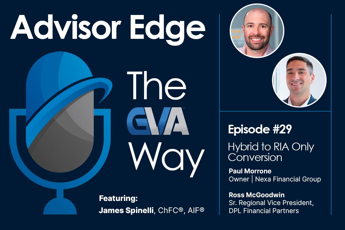 Podcast cover art for Advisor Edge: The GVA Way, featuring a large microphone graphic on the left and two circular headshots on the right, with Episode 29 details and speaker bios on the right panel.