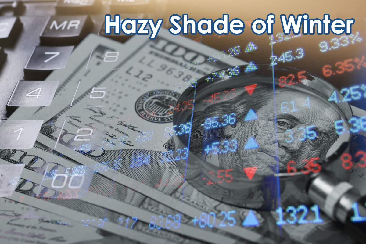 Title 'Hazy Shade of Winter' over stock market data, cash, and a magnifying glass for a financial article header.