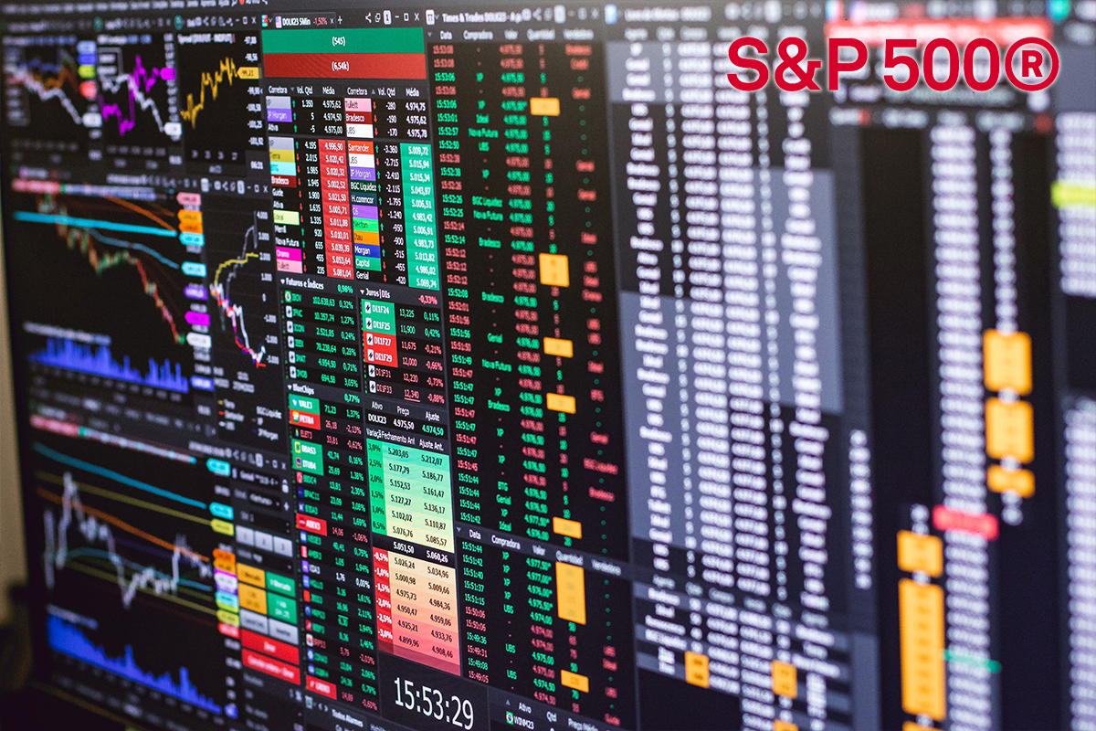 Trading dashboard with multiple stock charts and price tables; S&P 500 logo in the top-right.