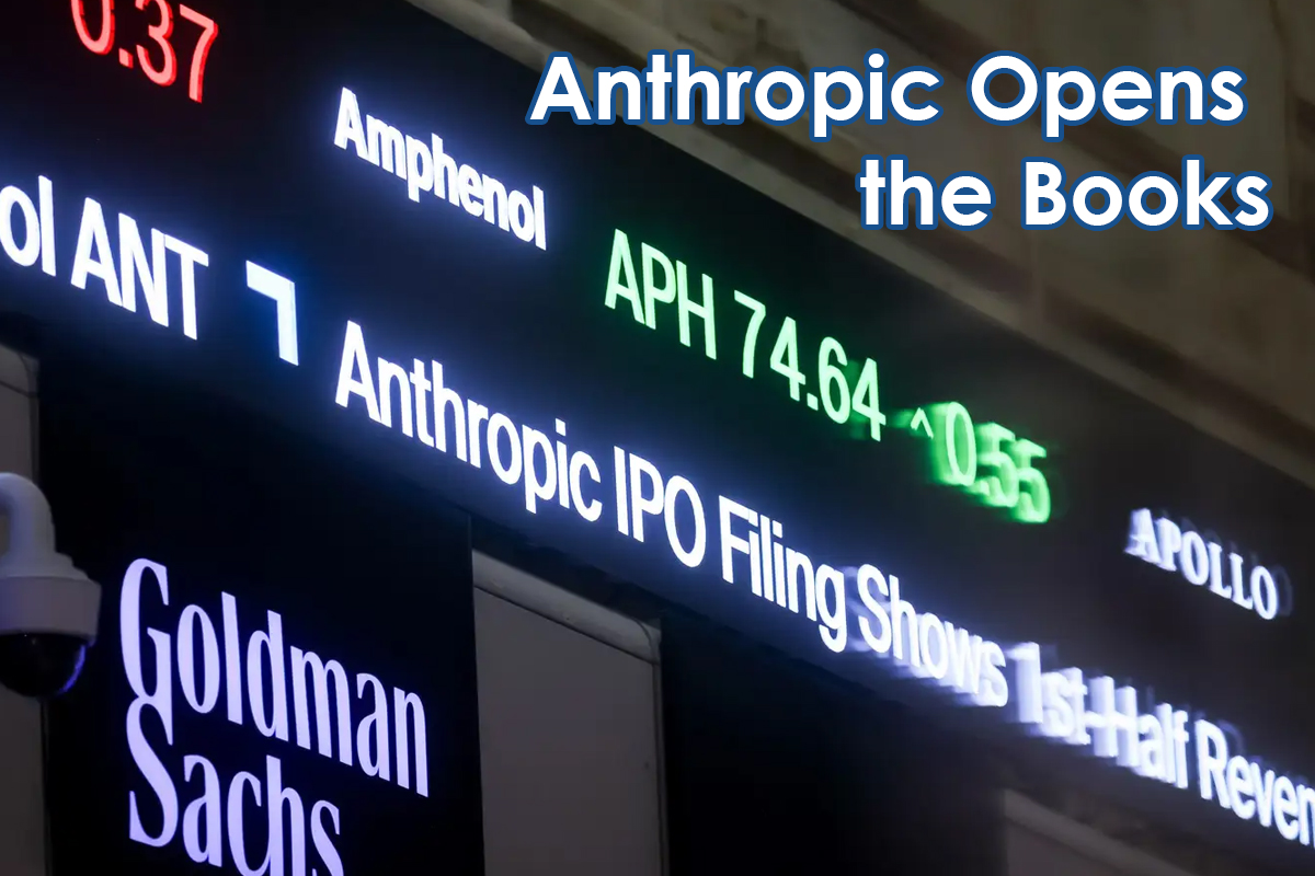 Stock ticker board with the headline 'Anthropic Opens the Books' overlaid in blue text at the top right, showing company names and numbers beneath.